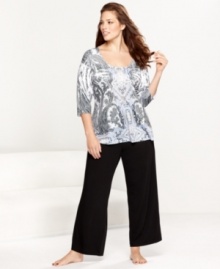 Embrace the beautiful prints of One World's plus-size Black Tears pajamas set. The top features a v-neck, while the roomy pants feature a comfy elastic waistband. Embrace the beautiful prints of One World's plus-size Black Tears pajamas set. The top features a v-neck, while the roomy pants feature a comfy elastic waistband.