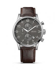 Inspired by elegant and classic aviator chronographs, this stylish HUGO BOSS timepiece boasts chronograph functionality with the possibility to measure intermediate times with tenth of seconds precision. Inspired by elegant and classic aviator chronographs, this stylish HUGO BOSS timepiece boasts chronograph functionality with the possibility to measure intermediate times with tenth of seconds precision.