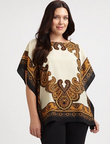 Featuring a pristine print, there is so much to love about this silky relaxed-fit top. BoatneckKimono sleevesPull-on styleSide slitsSolid trimAbout 27 from shoulder to hemPolyesterMachine washImported Featuring a pristine print, there is so much to love about this silky relaxed-fit top. BoatneckKimono sleevesPull-on styleSide slitsSolid trimAbout 27 from shoulder to hemPolyesterMachine washImported