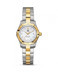 TAG Heuer's Aquaracer series is the reference professional diving watch. Water resistant to 300M, with a white mother-of-pearl dial with 10 diamonds and a steel and 18K gold bracelet. TAG Heuer's Aquaracer series is the reference professional diving watch. Water resistant to 300M, with a white mother-of-pearl dial with 10 diamonds and a steel and 18K gold bracelet.