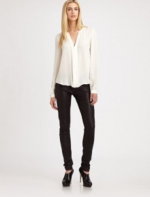 Sleek and sexy in brushed lambskin snugly-fitted for a legging-like silhouette.Flat frontSide zipperBack yoke detailRise, about 9Inseam, about 33LeatherDry clean by a leather specialistImported of Italian fabricModel shown is 5'10 (177cm) wearing US size 4.This style runs true to size. We recommend ordering your usual size for a standard fit. Sleek and sexy in brushed lambskin snugly-fitted for a legging-like silhouette.Flat frontSide zipperBack yoke detailRise, about 9Inseam, about 33LeatherDry clean by a leather specialistImported of Italian fabricModel shown is 5'10 (177cm) wearing US size 4.This style runs true to size. We recommend ordering your usual size for a standard fit.