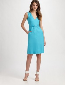 The belted V-neck sheath updated in vibrant, featherweight viscose for a contemporary updated on a classic silhouette.V necklineSleevelessBodice dartsBuckled self-beltCenter back zipperAbout 26 from natural waistViscoseDry cleanImportedModel shown is 5'10 (177cm) wearing US size 4.OUR FIT MODEL RECOMMENDS ordering true size. The belted V-neck sheath updated in vibrant, featherweight viscose for a contemporary updated on a classic silhouette.V necklineSleevelessBodice dartsBuckled self-beltCenter back zipperAbout 26 from natural waistViscoseDry cleanImportedModel shown is 5'10 (177cm) wearing US size 4.OUR FIT MODEL RECOMMENDS ordering true size.