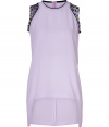Detailed in a soft shade of lilac with characteristic printed shoulder inserts, this high-low top from Just Cavalli is a cool choice for showing off your modern style - Round neckline, sleeveless with black trim and purple/green leopard print inserts, high-low hemline - Loose fit - Wear with slim-fit separates and edgy high-heels