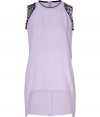 Detailed in a soft shade of lilac with characteristic printed shoulder inserts, this high-low top from Just Cavalli is a cool choice for showing off your modern style - Round neckline, sleeveless with black trim and purple/green leopard print inserts, high-low hemline - Loose fit - Wear with slim-fit separates and edgy high-heels