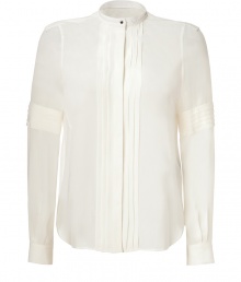 Both feminine and edgy with its uniquely placed pleating, Belstaffs pristine silk blouse is an ultra sleek choice - Short stand-up collar, long sleeves, push-button cuffs, hidden button-down front with push-button at throat, pleated front and sleeve detail, shirttail hemline - Softly tailored fit - Wear with edgy separates and slick leather accessories Both feminine and edgy with its uniquely placed pleating, Belstaffs pristine silk blouse is an ultra sleek choice - Short stand-up collar, long sleeves, push-button cuffs, hidden button-down front with push-button at throat, pleated front and sleeve detail, shirttail hemline - Softly tailored fit - Wear with edgy separates and slick leather accessories