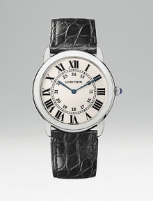 Stainless steel case with silvered opaline dial and alligator strap. Roman numerals Inner band of Arabic numeral military-time indicators Semi-matte alligator strap with double deployant buckle Quartz movement Imported Stainless steel case with silvered opaline dial and alligator strap. Roman numerals Inner band of Arabic numeral military-time indicators Semi-matte alligator strap with double deployant buckle Quartz movement Imported