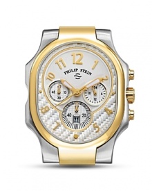 Philip Stein oblong chronograph watch head in two-tone stainless steel features Arabic numbers and 3-eye design. Philip Stein oblong chronograph watch head in two-tone stainless steel features Arabic numbers and 3-eye design.