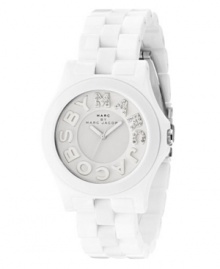 Marc by Marc Jacobs puts a spotlight on style with this glam Riviera watch. White plastic bracelet and round case. White dial with crystal-accented logo at indices and logo at twelve o'clock. Quartz movement. Water resistant to 50 meters. Two-year limited warranty.