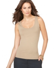 Ellen Tracy's casual tank top is a key item for a versatile wardrobe. Perfect for layering under cardis and blazers. Ellen Tracy's casual tank top is a key item for a versatile wardrobe. Perfect for layering under cardis and blazers.
