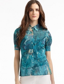 THE LOOKAllover abstract printPoint collarButton frontSlightly puffed short sleevesTHE FITAbout 25 from shoulder to hemTHE MATERIAL92% silk/8% elastaneCARE & ORIGINDry cleanImportedModel shown is 5'10½ (179cm) wearing US size Small. THE LOOKAllover abstract printPoint collarButton frontSlightly puffed short sleevesTHE FITAbout 25 from shoulder to hemTHE MATERIAL92% silk/8% elastaneCARE & ORIGINDry cleanImportedModel shown is 5'10½ (179cm) wearing US size Small.