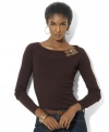 Lauren Ralph Lauren's figure-flattering boatneck top rendered in soft cotton is accented with a double buckle at the shoulder for a hint of rustic edge.