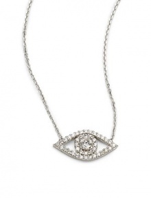 THE LOOKFrom the Fearless Eye CollectionSilvertone chain and pendantClear Cubic Zirconia evil eye pendantSpring ring closureTHE FITChain, about 16¾ longTHE MATERIALSterling silverCubic ZirconiaORIGINImported