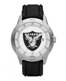 Show your Oakland Raiders spirit every second of the day with this signature team watch from Fossil. Black polyurethane strap and round stainless steel case. Bezel etched with numerals and stick indices. White dial features large Raiders logo, printed minute track and stick indices at outer ring, date window at three o'clock and luminous hands. Quartz movement. Water resistant to 100 meters. Eleven-year limited warranty.