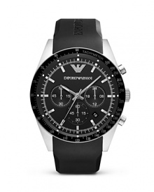 This Emporio Armani piece works hard with a versatile style that goes on-and-off the clock, crafted of a stainless steel case with a rubber strap as a sporty counterpart. This Emporio Armani piece works hard with a versatile style that goes on-and-off the clock, crafted of a stainless steel case with a rubber strap as a sporty counterpart.