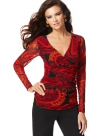 A rich, detailed print adds an exotic touch to INC's ruched surplice top. Perfect for pairing with this season's wide-leg pants and jeans! A rich, detailed print adds an exotic touch to INC's ruched surplice top. Perfect for pairing with this season's wide-leg pants and jeans!