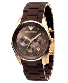 Beat the blues with this warm-hued watch by Emporio Armani. Brown silicone-wrapped goldtone stainless steel bracelet and round case. Browns chronograph dial with goldtone numerals, logo, date window and three subdials. Quartz movement. Water resistant to 50 meters. Two-year limited warranty.