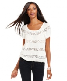 Lacy stripes' elevate INC's pretty peasant top -- try it with jeans or go fancier and pair it with a flirty skirt! Lacy stripes' elevate INC's pretty peasant top -- try it with jeans or go fancier and pair it with a flirty skirt!