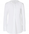 With its pristine look modern collarless neckline, Brunello Cucinellis long sleeve shirt is a sleek choice for pairing with slim fit separates - Collarless, long sleeves, buttoned cuffs, partial hidden front button panel, shirttail hemline - Loosely tailored fit - Wear with slim-fit separates, a luxe cashmere knit and ankle boots