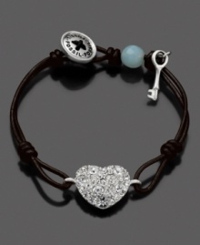 Accent your outfit with vintage love. This Fossil bracelet features a crystal pave heart charm on black leather with silvertone mixed metal charms. Button closure. Approximate length: 7-1/2 inches. Accent your outfit with vintage love. This Fossil bracelet features a crystal pave heart charm on black leather with silvertone mixed metal charms. Button closure. Approximate length: 7-1/2 inches.