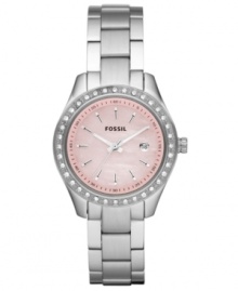With a classic steel structure, this glitzy Fossil watch amps up the style with a hot pink dial and stone accents. With a classic steel structure, this glitzy Fossil watch amps up the style with a hot pink dial and stone accents.