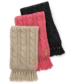 An adorable knit scarf with subtle sequins, embroidered logo accent and fringed trim. A sparkly winter accent from Juicy Couture. An adorable knit scarf with subtle sequins, embroidered logo accent and fringed trim. A sparkly winter accent from Juicy Couture.