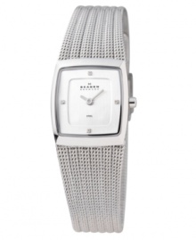 Square away your style with this Skagen Denmark watch featuring a stainless steel mesh bracelet and square case. Silvertone dial with logo and crystal accents at indices. Quartz movement. Water resistant to 30 meters. Limited lifetime warranty. Square away your style with this Skagen Denmark watch featuring a stainless steel mesh bracelet and square case. Silvertone dial with logo and crystal accents at indices. Quartz movement. Water resistant to 30 meters. Limited lifetime warranty.