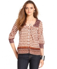 The print of Lucky Brand Jeans' shirt gives it far-flung flair while the smocked panels at the shoulders and sleeve cuffs give it the casual feel of a peasant top. Pair with dark denim for a flawless look. The print of Lucky Brand Jeans' shirt gives it far-flung flair while the smocked panels at the shoulders and sleeve cuffs give it the casual feel of a peasant top. Pair with dark denim for a flawless look.