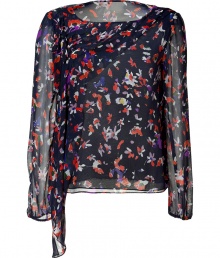 Elegant floral print top in navy silk - Long, sheer sleeves - Asymmetrical drape detail at bust - Fluid shape, feminine fit - Rounded neckline - Easily goes from day to night - Bohemian chic with an unexpected twist - Perfect for pairing with slim jeans and leather jackets Elegant floral print top in navy silk - Long, sheer sleeves - Asymmetrical drape detail at bust - Fluid shape, feminine fit - Rounded neckline - Easily goes from day to night - Bohemian chic with an unexpected twist - Perfect for pairing with slim jeans and leather jackets