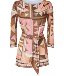 Take an iconic stance on sophistication this season in Emilio Puccis tonal amber and pink characteristic print stretch top - Boat-neckline, 3/4 sleeves, self-tie sash, form-fitting - Pair with slim capris and pointy-toe pumps Take an iconic stance on sophistication this season in Emilio Puccis tonal amber and pink characteristic print stretch top - Boat-neckline, 3/4 sleeves, self-tie sash, form-fitting - Pair with slim capris and pointy-toe pumps