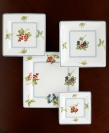 The Cottage Inn small square plate is a colorful addition to the sophisticated table. Lush, dancing clusters of ripened blueberries, raspberries and cherries are a stunning contrast on creamy white porcelain and lend every meal a touch of traditional elegance. Small square plate shown bottom right. The Cottage Inn small square plate is a colorful addition to the sophisticated table. Lush, dancing clusters of ripened blueberries, raspberries and cherries are a stunning contrast on creamy white porcelain and lend every meal a touch of traditional elegance. Small square plate shown bottom right.