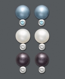 Pick and choose from three pairs of elegant pearl earrings. Fresh by Honora stud set features blue, white, and eggplant-colored cultured freshwater pearls (7-1/2-8 mm) with bezel-set blue and white topaz accents. Set in sterling silver.