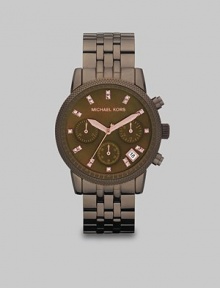 This sleek, modern style with Swarovski crystal markers is truly a dark delight. Quartz movementWater resistant to 10 ATMRound espresso ion-plated stainless steel case, 36mm (1.4) Textured bezelEspresso chronograph dialCrystal hour markersDate display between 4 and 5 o'clockSecond hand Espresso ion-plated stainless steel link braceletImported This sleek, modern style with Swarovski crystal markers is truly a dark delight. Quartz movementWater resistant to 10 ATMRound espresso ion-plated stainless steel case, 36mm (1.4) Textured bezelEspresso chronograph dialCrystal hour markersDate display between 4 and 5 o'clockSecond hand Espresso ion-plated stainless steel link braceletImported
