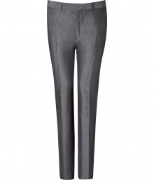 Elegant pants in fine, silver grey cotton and silk blend - Sleek, lightweight material has a subtle sheen and drapes beautifully - Modern silhouette is slim and straight - Crease detail from thigh to hem flatters and elongates the leg - Tab waist with belt loops - Pockets at sides and welt pockets at rear - Polished and versatile, ideal for both work and play - Pair with a button down, a cashmere pullover or a t-shirt and blazer Elegant pants in fine, silver grey cotton and silk blend - Sleek, lightweight material has a subtle sheen and drapes beautifully - Modern silhouette is slim and straight - Crease detail from thigh to hem flatters and elongates the leg - Tab waist with belt loops - Pockets at sides and welt pockets at rear - Polished and versatile, ideal for both work and play - Pair with a button down, a cashmere pullover or a t-shirt and blazer