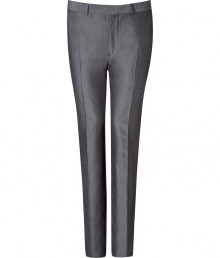 Elegant pants in fine, silver grey cotton and silk blend - Sleek, lightweight material has a subtle sheen and drapes beautifully - Modern silhouette is slim and straight - Crease detail from thigh to hem flatters and elongates the leg - Tab waist with belt loops - Pockets at sides and welt pockets at rear - Polished and versatile, ideal for both work and play - Pair with a button down, a cashmere pullover or a t-shirt and blazer