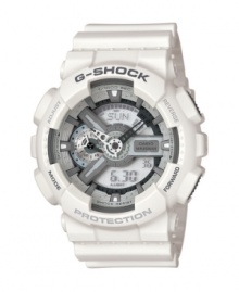 One look and you can see this deconstructed G-Shock watch isn't playing around. White resin strap and round case. Shock-resistant, magnetic-resistant, analog-digital dial features auto LED illuminator, world time, four alarms, stopwatch with velocity indicator, countdown timer and 12/24-hour formats. Quartz movement. Water resistant 200 meters. One-year limited warranty. One look and you can see this deconstructed G-Shock watch isn't playing around. White resin strap and round case. Shock-resistant, magnetic-resistant, analog-digital dial features auto LED illuminator, world time, four alarms, stopwatch with velocity indicator, countdown timer and 12/24-hour formats. Quartz movement. Water resistant 200 meters. One-year limited warranty.