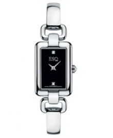 Utterly beautiful design by ESQ by Movado. Stainless steel bracelet and rectangular case. Black dial with silvertone logo at diamond accents at six o'clock and twelve o'clock. Quartz movement. Water resistant to 30 meters. Two-year limited warranty. Utterly beautiful design by ESQ by Movado. Stainless steel bracelet and rectangular case. Black dial with silvertone logo at diamond accents at six o'clock and twelve o'clock. Quartz movement. Water resistant to 30 meters. Two-year limited warranty.