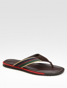 Handsome leather thong sandal with regimental web detail and suede trim. Rubber sole Made in Italy 