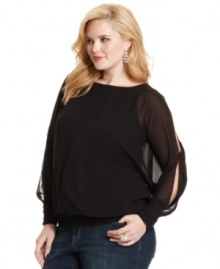 Dress up your casual look with Jessica Simpson's plus size blouse, featuring sleeve cutouts. Dress up your casual look with Jessica Simpson's plus size blouse, featuring sleeve cutouts.