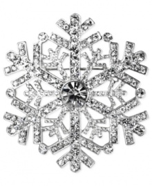 Perfectly unique: a wintry snowflake pin from Jones New York. The detailed silhouette sparkles with crystal accents. Crafted in silver tone mixed metal. Approximate diameter: 2 inches. Includes gift box. Perfectly unique: a wintry snowflake pin from Jones New York. The detailed silhouette sparkles with crystal accents. Crafted in silver tone mixed metal. Approximate diameter: 2 inches. Includes gift box.
