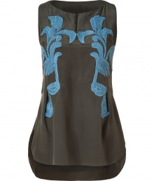 An of-the-moment asymmetrical hem and a vibrant embroidery detail elevates this stylish silk top from Schumacher - Bateau neck with slit detail, front contrasting embroidery, rounded asymmetrical hem - Pair with distressed flared jeans, an oversized cardigan, and platform wedges heels An of-the-moment asymmetrical hem and a vibrant embroidery detail elevates this stylish silk top from Schumacher - Bateau neck with slit detail, front contrasting embroidery, rounded asymmetrical hem - Pair with distressed flared jeans, an oversized cardigan, and platform wedges heels