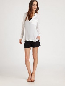 A playful front pocket is featured on this elegantly-draped design of rich silk, for an casual-chic look. V-neck with placketDropped shouldersLong sleeves with button cuffsFront patch pocketBack pleatsSide-split hemSilkDry cleanImportedModel shown is 5'10 (177cm) wearing US size Small. A playful front pocket is featured on this elegantly-draped design of rich silk, for an casual-chic look. V-neck with placketDropped shouldersLong sleeves with button cuffsFront patch pocketBack pleatsSide-split hemSilkDry cleanImportedModel shown is 5'10 (177cm) wearing US size Small.