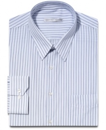 In a clean, classic stripe, this Geoffrey Beene dress shirt will take you straight up the corporate ladder. In a clean, classic stripe, this Geoffrey Beene dress shirt will take you straight up the corporate ladder.