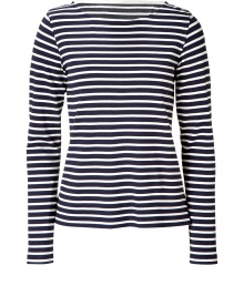 Work a nautical edge into your casual favorites with Theorys navy and white striped top - Boat neckline, long sleeves - Fitted - Wear with bright white separates and timeless leather accessories Work a nautical edge into your casual favorites with Theorys navy and white striped top - Boat neckline, long sleeves - Fitted - Wear with bright white separates and timeless leather accessories