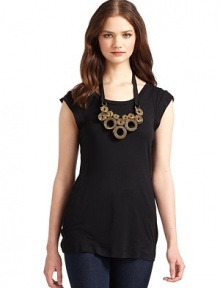 THE LOOKRemovable ribbon necklace with swirly zipper accentsCap sleeves with seamed detailsPullover styleTHE FITAbout 20 from top to hemTHE MATERIALModalCARE & ORIGINHand washImportedModel shown is 5'10 (177cm) wearing US size Small. THE LOOKRemovable ribbon necklace with swirly zipper accentsCap sleeves with seamed detailsPullover styleTHE FITAbout 20 from top to hemTHE MATERIALModalCARE & ORIGINHand washImportedModel shown is 5'10 (177cm) wearing US size Small.