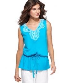 Anything but basic, Jones New York Signature's tank top features a drawstring waist and beautiful embroidery at the neckline, for casual chicness. Anything but basic, Jones New York Signature's tank top features a drawstring waist and beautiful embroidery at the neckline, for casual chicness.
