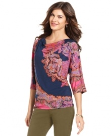 A bright paisley-inspired print enlivens this Jones New York Signature top. Perk up casual days by pairing it with colored jeans! A bright paisley-inspired print enlivens this Jones New York Signature top. Perk up casual days by pairing it with colored jeans!