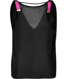 Stylish, sleeveless top in black silk - Transparent, loose comfortable fit - Rounded hem is longer in back than front - Pink ribbon detail at shoulders add interest - Style with skinny jeans and flat sandals or with leather pants and stilettos for the evening Stylish, sleeveless top in black silk - Transparent, loose comfortable fit - Rounded hem is longer in back than front - Pink ribbon detail at shoulders add interest - Style with skinny jeans and flat sandals or with leather pants and stilettos for the evening
