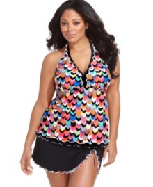 In a colorful fiesta print, this Profile by Gottex plus size tankini top is perfect for a bright, bold beach look. In a colorful fiesta print, this Profile by Gottex plus size tankini top is perfect for a bright, bold beach look.