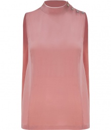 Stylish sleeveless top in pure, pale rose silk - Incredibly feminine and flattering - Lightweight, supremely soft fabric falls beautifully - Small, stand-up collar with button detail at left shoulder - Elegant drape at back and sides - On-trend, A-line silhouette - Seamlessly transitions from day to evening - Pair with slim jeans, a pencil skirt or leather pants Stylish sleeveless top in pure, pale rose silk - Incredibly feminine and flattering - Lightweight, supremely soft fabric falls beautifully - Small, stand-up collar with button detail at left shoulder - Elegant drape at back and sides - On-trend, A-line silhouette - Seamlessly transitions from day to evening - Pair with slim jeans, a pencil skirt or leather pants