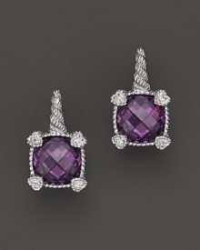 Brilliant purple crystal is framed with four petite hearts on these cushion stone earrings from Judith Ripka. Brilliant purple crystal is framed with four petite hearts on these cushion stone earrings from Judith Ripka.